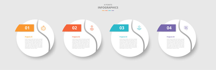 4 points template infographic with big circle swirl curve slice at edge with drop shadow style with four stage list information