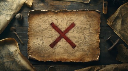 Antique Treasure Map with Red X Mark on Wooden Table