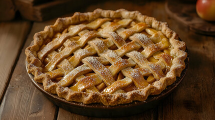 A rustic pie with a golden lattice crust, filled with spiced apples and topped with a dusting of powdered sugar, styled on a wooden table