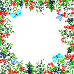 Square frame with blueberries, red currants, black currants, cowberries and butterflies. Hand drawn watercolor berries. Design for paper, background, menu, poster, textile, wallpaper, business card