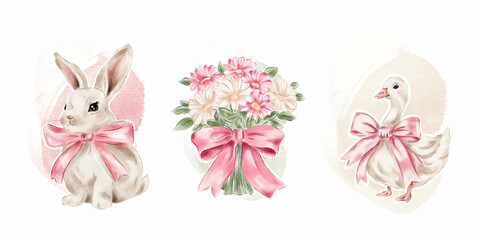 Vector watercolour set of spring illustration in a modern style. Cute bunny with a pink bow, flower bouquet and a goose with a pink bow. Easter decor