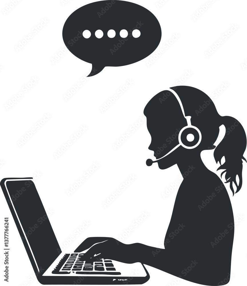 Poster silhouette of a customer service operator with a headset using a laptop and speech bubble.