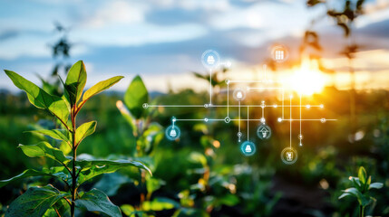 vibrant green plant in field is illuminated by warm glow of setting sun, with digital icons overlayed, symbolizing technology and innovation in agriculture
