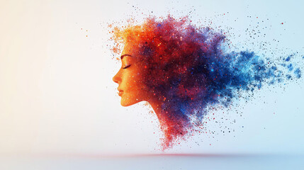 woman profile is artistically depicted with vibrant splashes of red, orange, and blue, creating dynamic and imaginative effect. abstract design conveys creativity and emotion