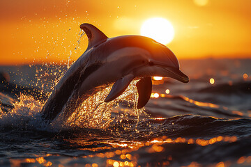 a playful dolphin jumping out of the water at sunset,