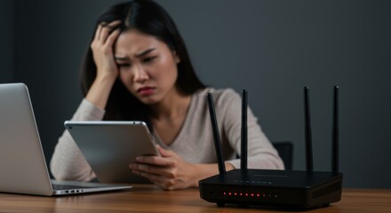 Frustrated woman with router issues holding tablet, laptop and head in hand