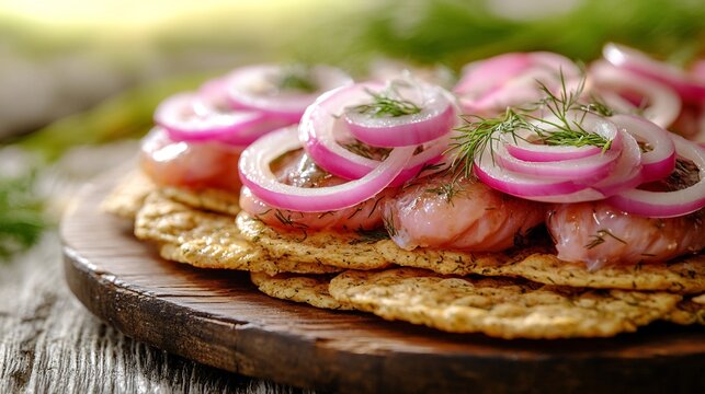 Swedish Surstrmming Fermented Herring served crispbread with onions and dill golden hour sunlight illuminating the rustic wooden table Nordic countryside in the softly blurred background