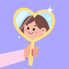 woman looking in the heart shaped mirror and smiling. Love yourself, self acceptance concept. Self pride, self-acceptance, positive self-image and confidence concept. Self perception and self esteem 