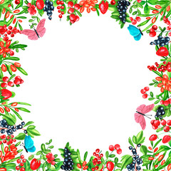 Square frame with cowberry, strawberry, red currant, black currant, sea buckthorn and butterflies. Hand drawn watercolor berries. Design for paper, background, menu, poster, textile, wallpaper