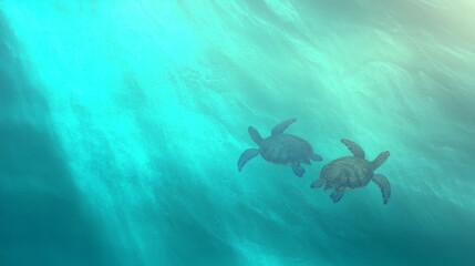 Obraz premium Two Sea Turtles Swimming Through Clear Blue Ocean Waters