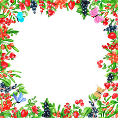 Square frame with cowberry, strawberry, red currant, black currant, sea buckthorn and colorful butterflies. Hand drawn watercolor berries. Design for paper, background, menu, poster, textile, 