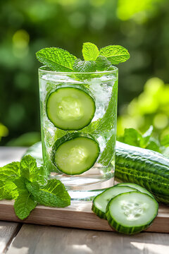 a still life composition featuring a glass of cool cucumber and mint infus