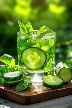 a still life composition featuring a glass of cool cucumber and mint infus