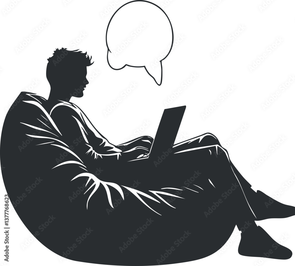 Poster silhouette of a man using a laptop on a beanbag with a speech bubble above.