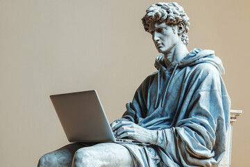 An antique style marble statue sits with a laptop on an light background. Classic aesthetics versus urban reality. Business or freelance concept.