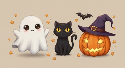 Obraz premium Halloween ghost cat pumpkin illustration