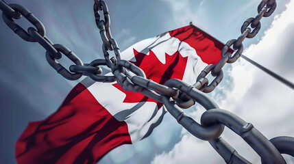 Canada lockdown concept. Including with Canada flag, chain, Resulted in an economic crisis i.e.