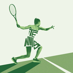 Side view dynamic image of finale tennis player in green tones, in motion with racket, playing with...