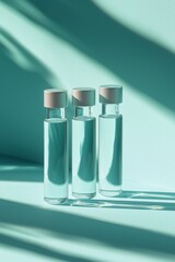 Three bottles of clear liquid are sitting on a green surface