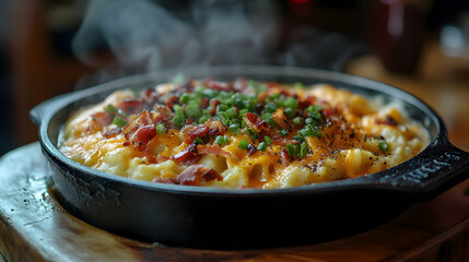 Fototapeta premium A steaming bowl of creamy potato soup garnished with crispy bacon, shredded cheese, and green onions, styled on a rustic wooden table