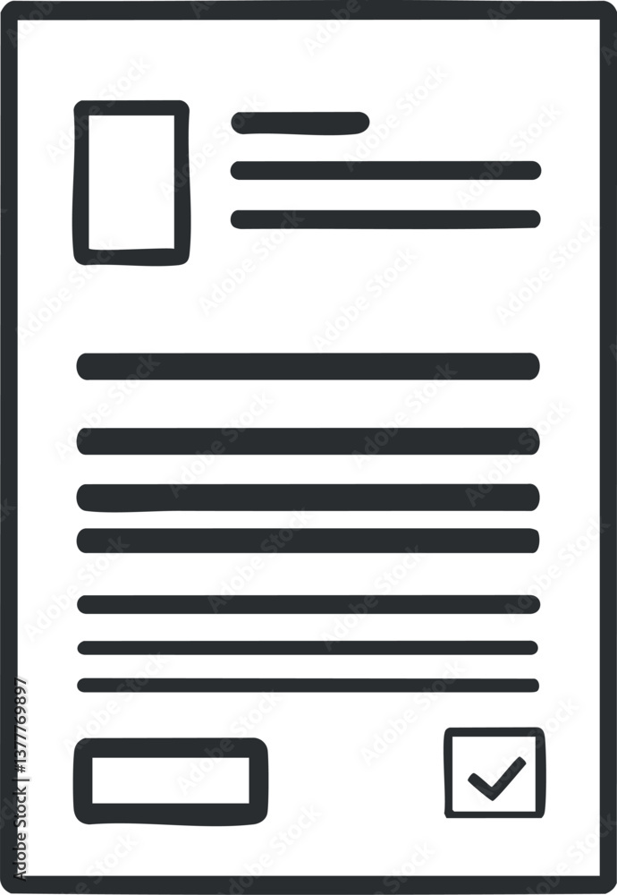 Aufkleber black and white illustration of a document form with text lines and a check box.