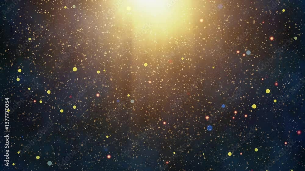 Poster loopable animation of golden glitter particles swirling anf floating through atmospheric mist in a m