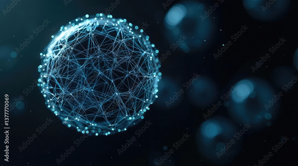 Poster blue exosome particles in scientific and sphere concept. abstract representation of a cell with inte