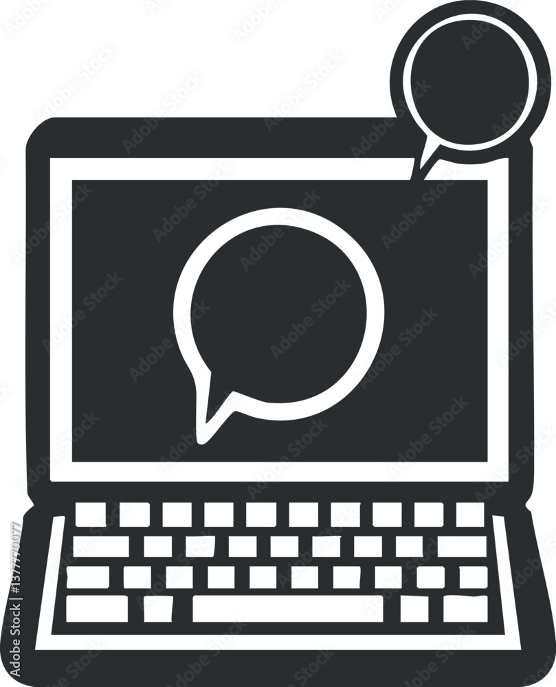 Poster monochrome icon of laptop with speech bubble symbolizing online communication and digital messaging.