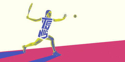 Dynamic image of focused young woman, professional tennis player on court in motion, hitting ball with racket during game. Creative art. Concept of sport, game, active lifestyle. Photocopy effect