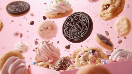 Assorted cookies and chocolate flying over pink box