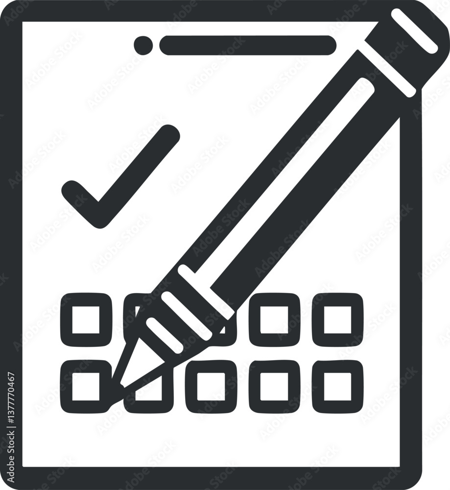 Poster black and white checklist icon with pencil and checkmark symbolizing tasks and organization.