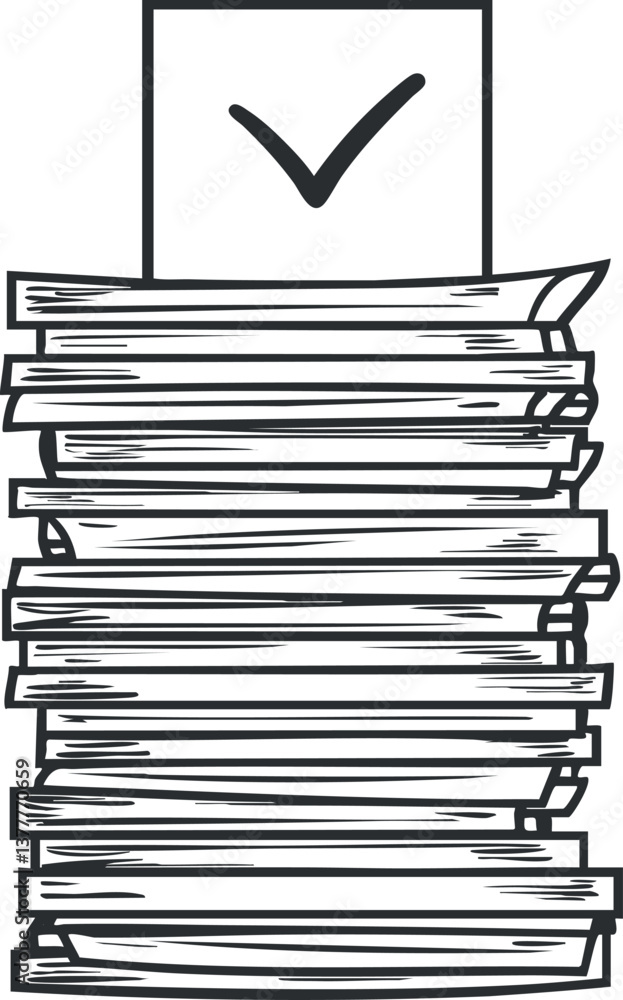 Poster illustration of a tall stack of papers with a checkmark symbolizing completion or approval.