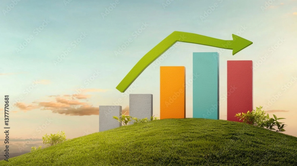 Poster conceptual digital artwork showcasing a colorful bar chart symbolizing financial progress business g