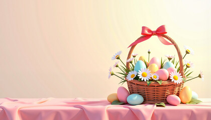 Easter Basket with Eggs and Daisies, Pastel Holiday Scene