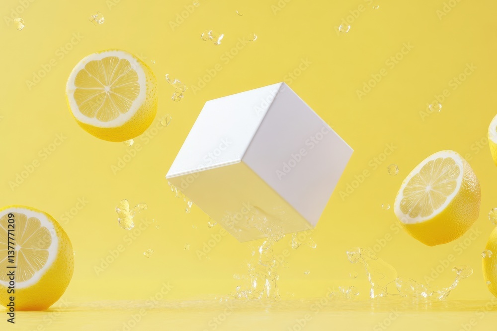 Poster fresh lemons splash around a floating white cube on a bright yellow background in a playful composit