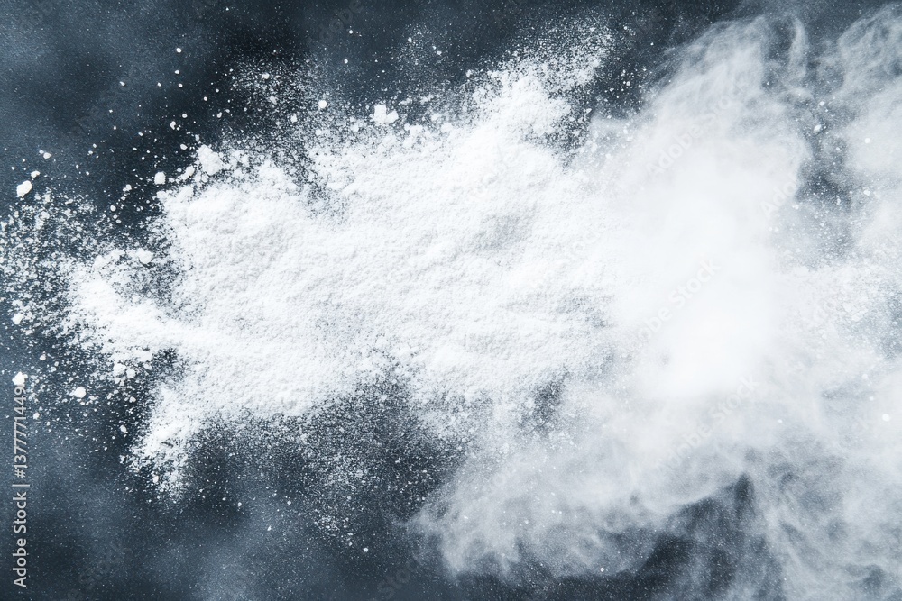 Poster Fine white powder billowing against a dark background creates a dramatic visual effect while emphasizing texture and motion