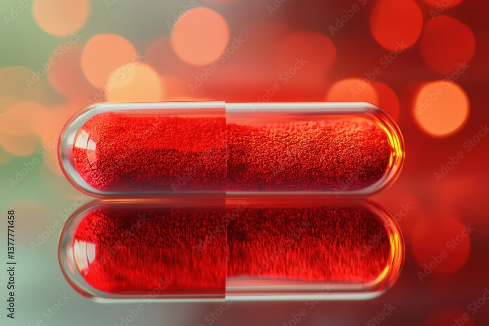 Poster red capsule reflecting on a surface with a colorful blurred background during a bright, warm setting