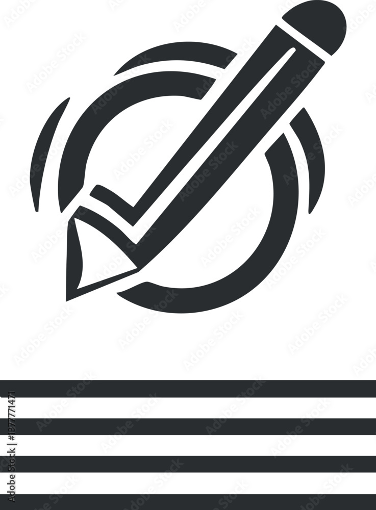 Aufkleber minimalist icon featuring a pencil and checkmark within a circular design, symbolizing completion.