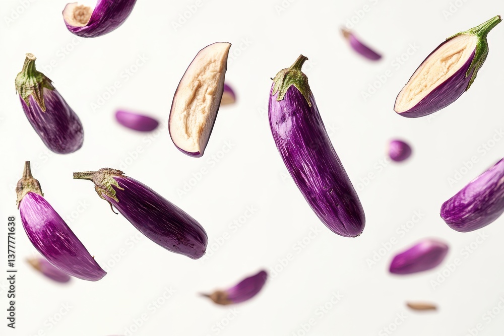 Poster Floating eggplants create a vibrant and dynamic visual in a minimalist setting