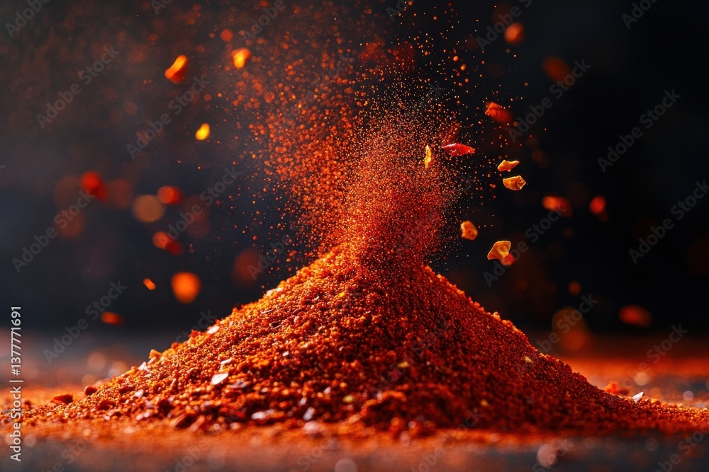 Poster Vibrant red chili powder forms a mound with spice particles dancing in the air, creating an explosive culinary spectacle
