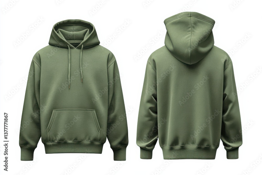 Poster hooded sweatshirt in olive green displayed from front and back perspectives with focus on design and