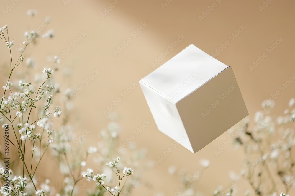 Poster Floating white cube surrounded by delicate flowers in a softly lit setting