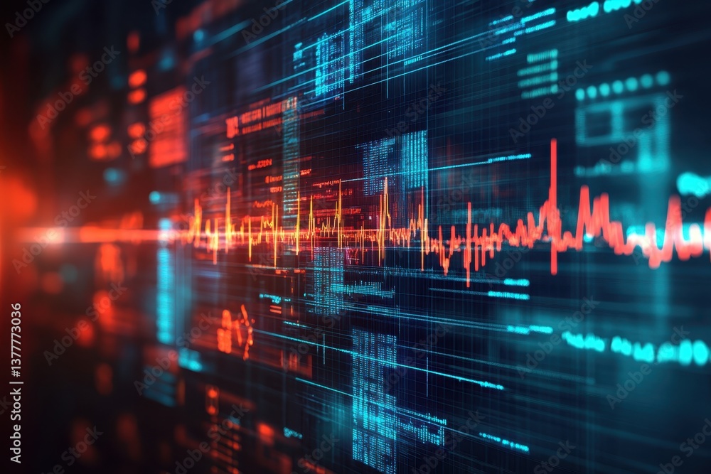Poster dynamic visualization of data trends and metrics in a futuristic digital landscape