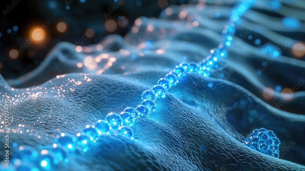 Poster blue exosome particles in scientific and sphere concept. abstract depiction of molecular chains on a