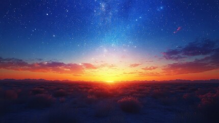 Fototapeta premium Sunset Sky Over Field Silhouette With Stars and Warm Color Lighting