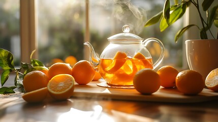 Close up vitamin drink in teapot and several tangerines