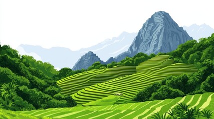 Obraz premium A minimalist flat design illustration of Machu Picchu, featuring its terraced fields and mountain backdrop. Rendered in a vector style with clean lines and minimal shading, it maintains a uniform,