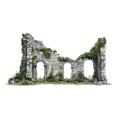 Ruined medieval stone tower overgrown with ivy, featuring broken walls and a weathered entrance, isolated on transparent background.