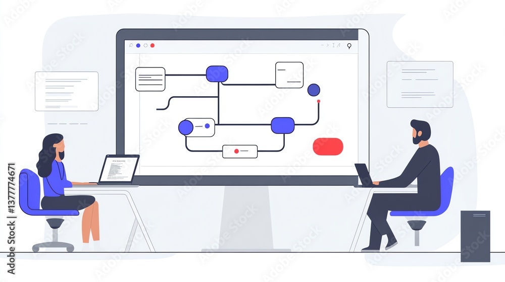 Poster collaborative workflow: modern minimalist design showing two professionals working on a process diag