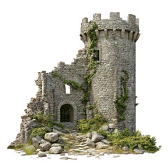 Ruined medieval stone tower overgrown with ivy, featuring broken walls and a weathered entrance, isolated on transparent background.